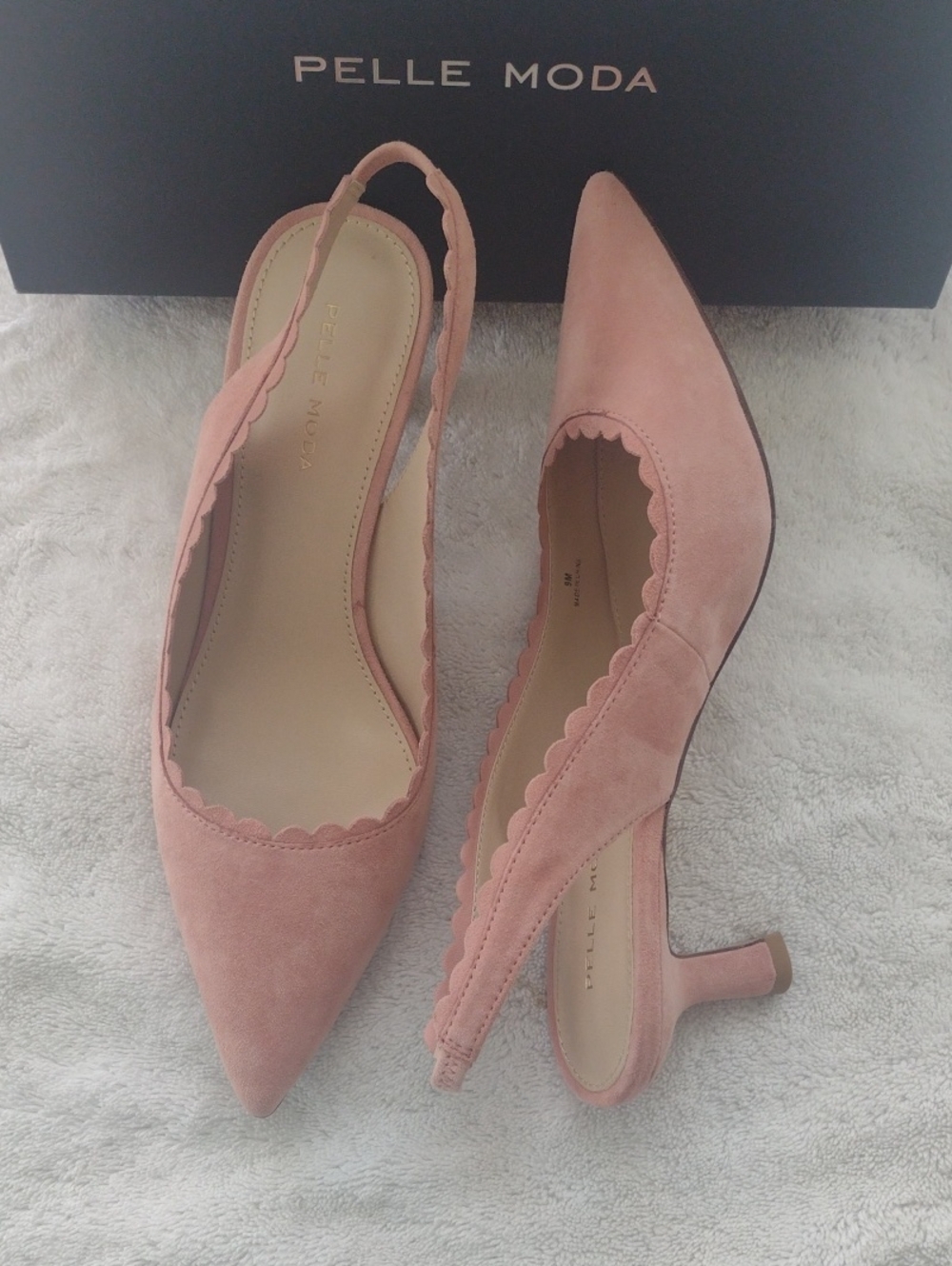 Pelle Moda Peony-pink Kid Suede Scalloped Slingback Pointed Toe Kitten Heels